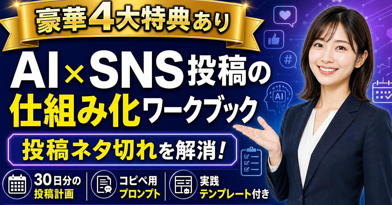 【豪華4大特典あり】AI×SNS投稿の仕組み化ワークブック|投稿ネタ切れを解消!30日分の投稿計画・コピペ用プロンプト・実践テンプレート付きのアイキャッチ画像