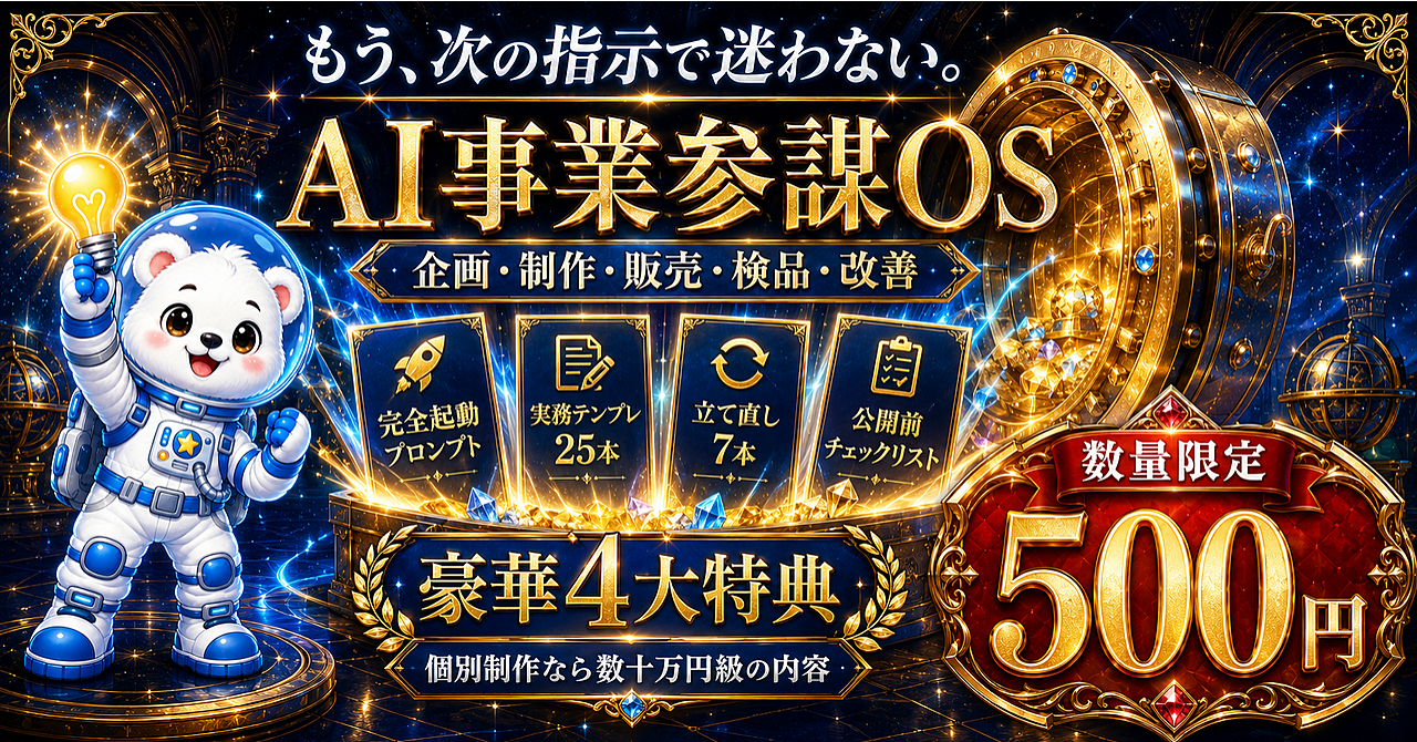 【発売記念500円】質問するだけのAIは卒業。企画・制作・販売・検品・改善まで進める「AI事業参謀OS」|完全プロンプト+実務テンプレ25本+豪華4大特典のアイキャッチ画像