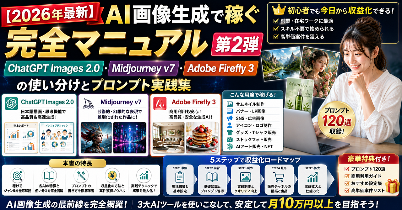 【2026年最新】AI画像生成で稼ぐ完全マニュアル第2弾｜ChatGPT Images 2.0・Midjourney v7・Adobe Firefly 3の使い分けとプロンプト実践集