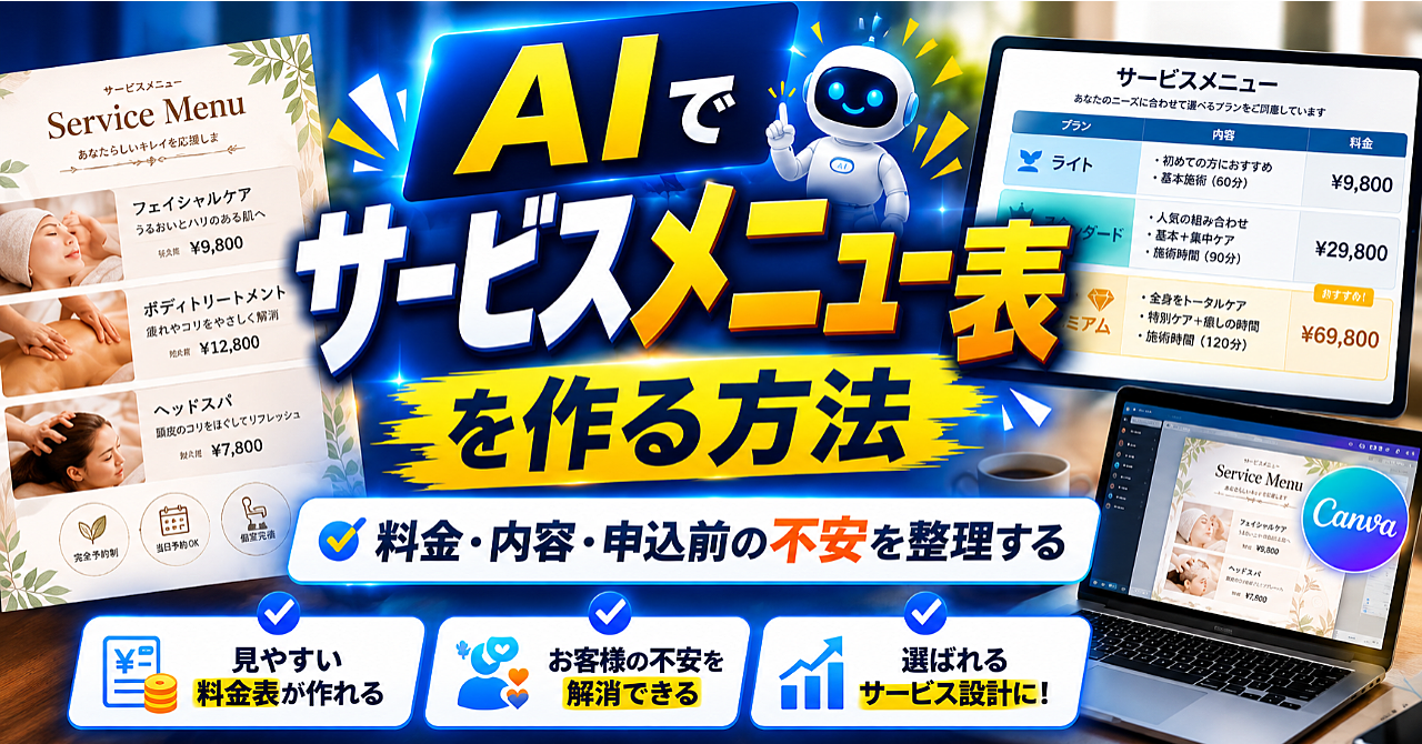 AIでサービスメニュー表を作る方法｜料金・内容・申込前の不安を整理するのアイキャッチ画像