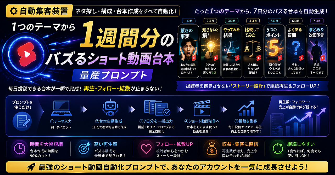 【自動集客装置】1つのテーマから「1週間分のバズるショート動画台本」量産プロンプト