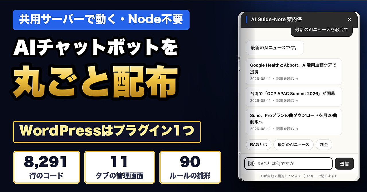 【ソース一式配布】AIチャットボット制作の教科書|FTPで置くだけ・WordPressはプラグイン1つ・管理画面つきのアイキャッチ画像