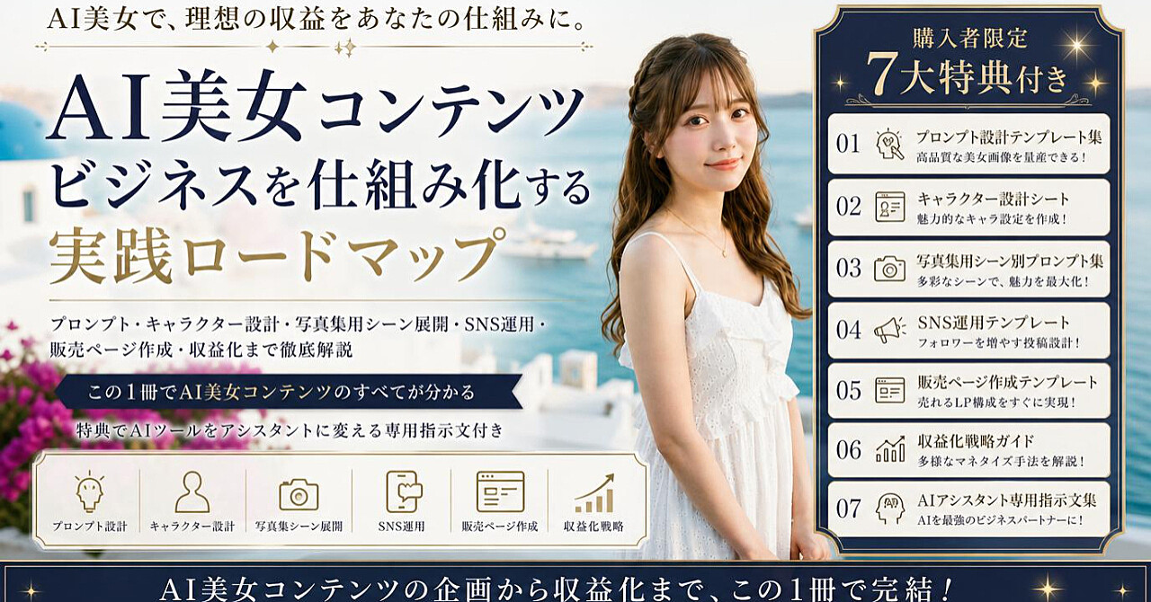 【購入者限定7大特典付き】AI美女コンテンツビジネスを仕組み化する実践ロードマップ|プロンプト・キャラクター設計・写真集用シーン展開・SNS運用・販売ページ作成・収益化まで徹底解説 専用指示文付きのアイキャッチ画像