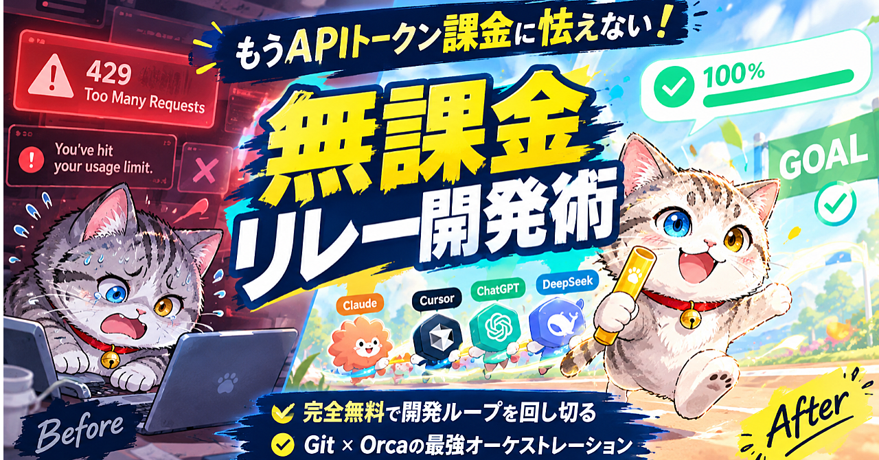 【API枯渇・課金地獄からの解放】AIエージェントの「利用制限」を無効化し、完全無料で開発ループを回し切る「無課金リレー」構築マニュアルのアイキャッチ画像