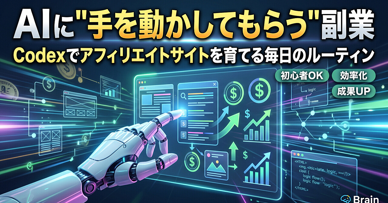 AIに"手を動かしてもらう"副業|Codexでアフィリエイトサイトを育てる毎日のルーティンのアイキャッチ画像