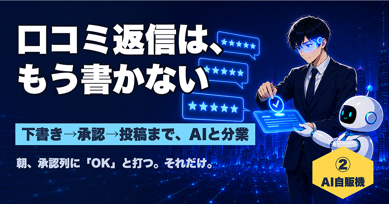 【AI自販機②】口コミ返信は、もう書かない|下書き→承認→投稿までのアイキャッチ画像