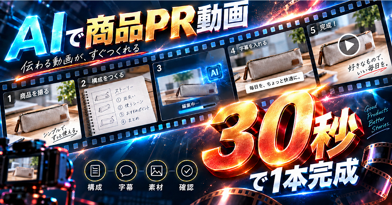 【AIで商品PR動画を1本作る】商品説明から30秒の構成・字幕・素材表・公開前確認までのアイキャッチ画像