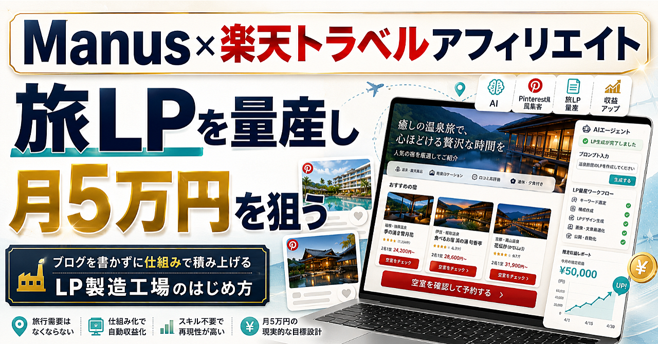 ブログを増やしても稼げなかった人のための、Manus×楽天トラベルLP量産で月5万円を目指す方法