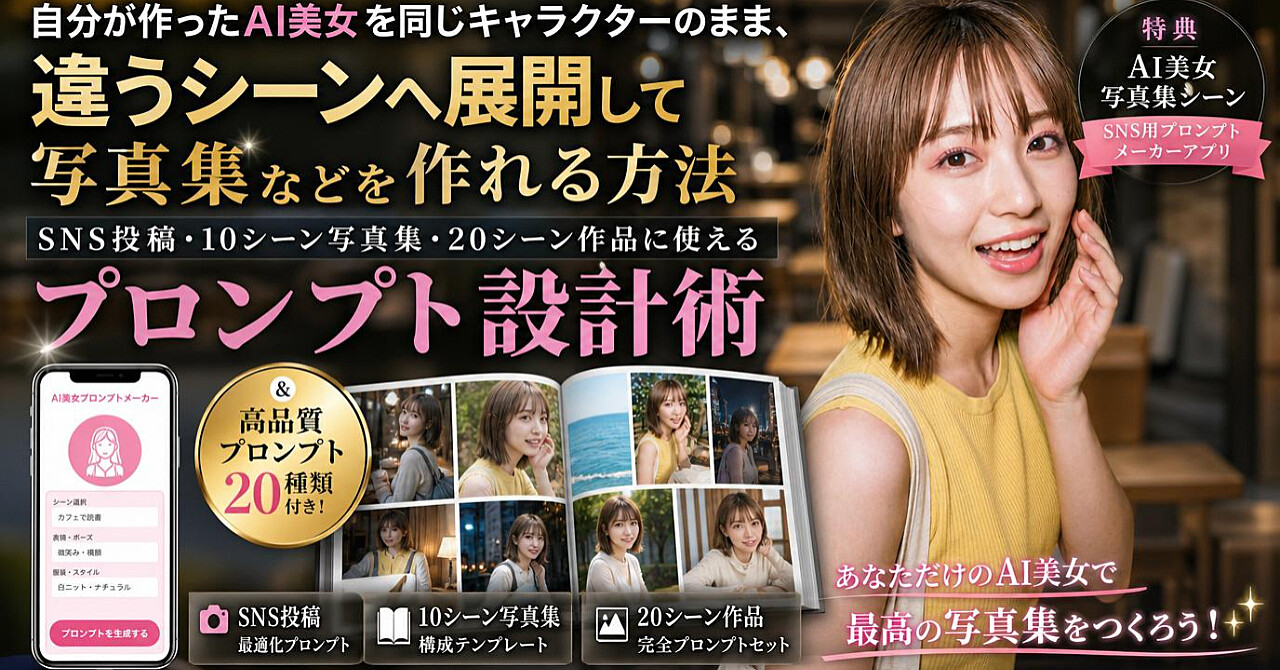 自分が作ったAI美女を同じキャラクターのまま、違うシーンへ展開して写真集などを作れる方法。SNS投稿・写真集シーン作品に使えるプロンプト設計術【特典・AI美女 写真集シーンSNS用プロンプトメーカー】のアイキャッチ画像