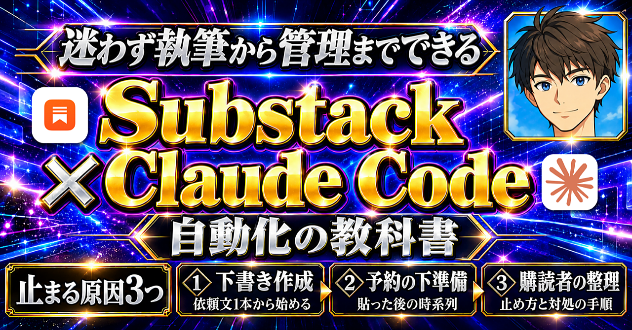 Substackで発信したい人のための【Claude Code×Substack自動化の教科書】 | 執筆から購読者管理まで自動化する完全ロードマップのアイキャッチ画像