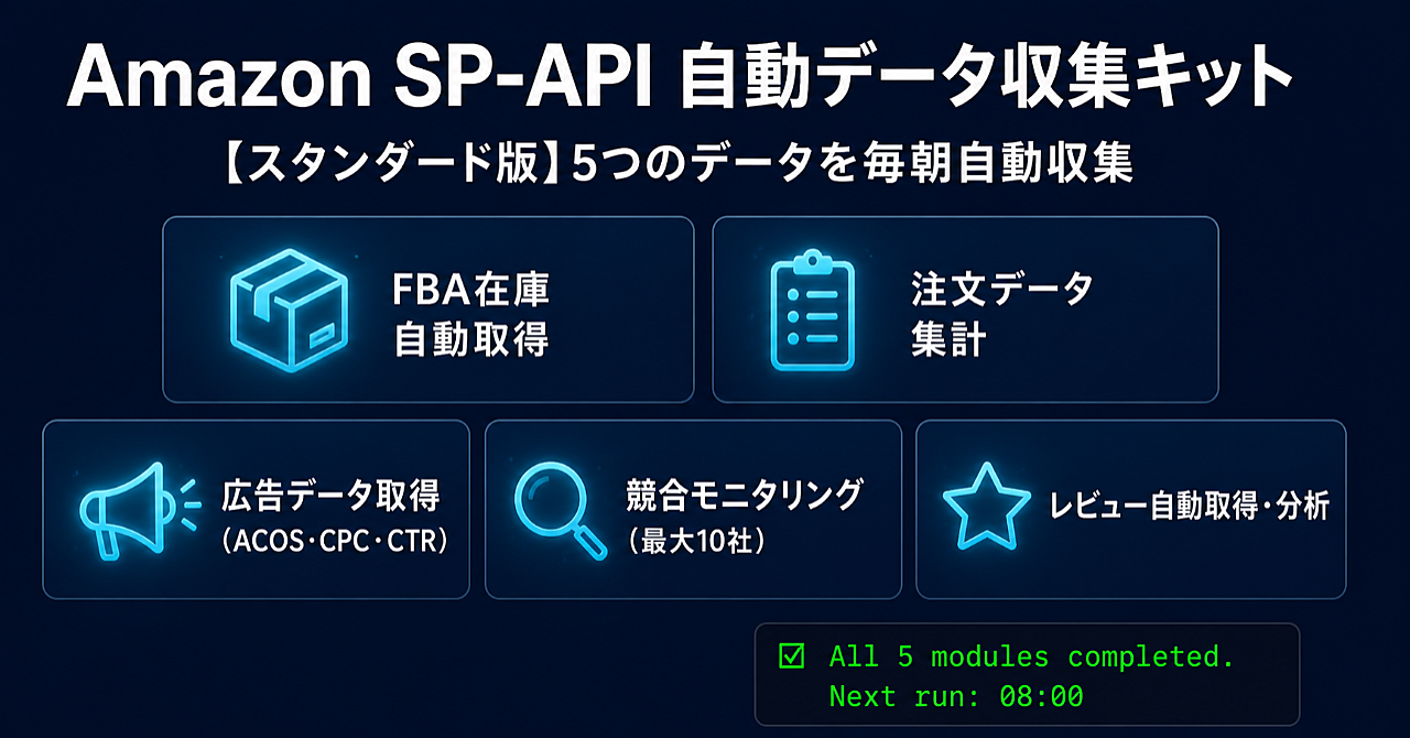 【スタンダード版・¥14,800】初期設定60分・コード不要｜Amazon FBA在庫・注文・広告・競合データを毎朝自動収集するPythonスクリプト【SP-API対応】