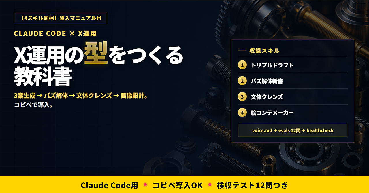 Claude CodeでX運用の型をつくる教科書｜3案生成→バズ解体→文体クレンズまで【コピペで動く】