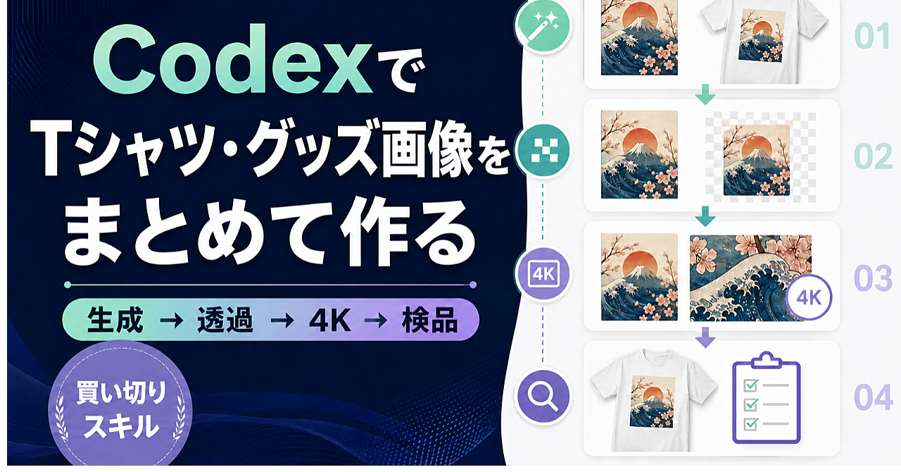 CodexでTシャツ・グッズ用画像をまとめて作る|背景透過・4K化・検品まで進める画像生成スキルのアイキャッチ画像