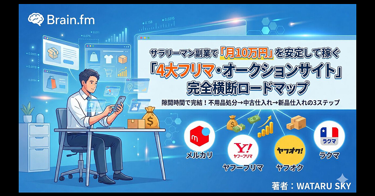 サラリーマン副業で「月10万円」を安定して稼ぐ「4大フリマ・オークションサイト」完全横断ロードマップ
隙間時間で完結！不用品処分➔中古仕入れ➔新品仕入れの3ステップ

著者：WATARU SKY