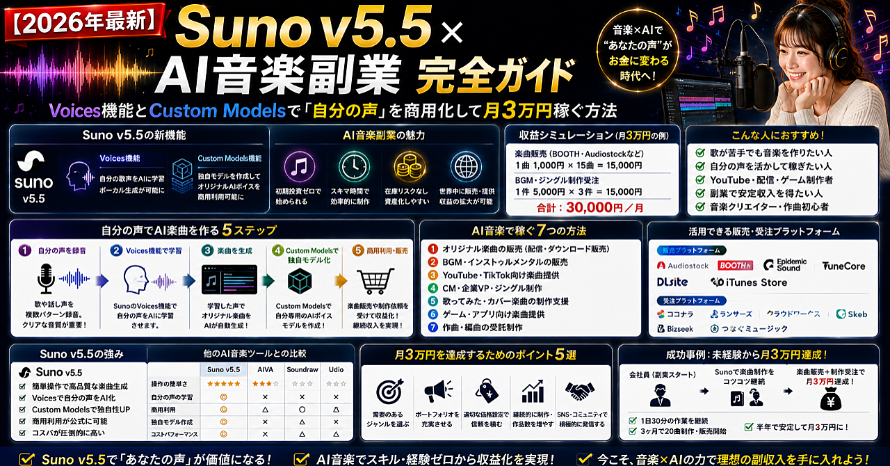 【2026年最新】Suno v5.5×AI音楽副業完全ガイド|Voices機能とCustom Modelsで「自分の声」を商用化して月3万円稼ぐ方法のアイキャッチ画像