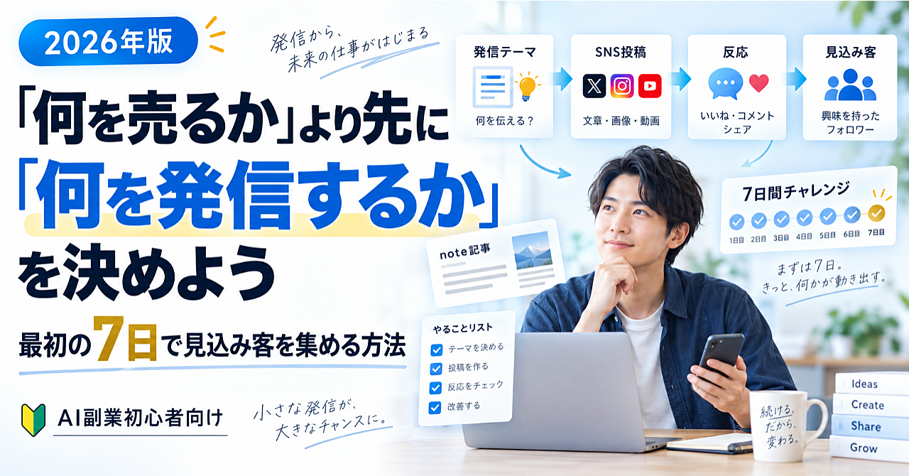 AI副業初心者は「何を売るか」より先に「何を発信するか」を決めよう|最初の7日で見込み客を集める方法【2026年版】のアイキャッチ画像