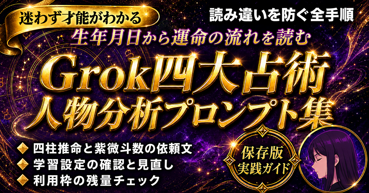Grok四大占術の人物分析自動生成プロンプト集|自分らしさを残して、生年月日から性格・才能・運命の分析レポートへのアイキャッチ画像