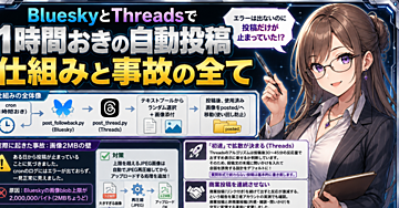 Bluesky/Threadsを1時間おきに自動投稿させる仕組みを全部見せる。画像2MBの壁でuploadBlobが無言で失敗し続けた話
