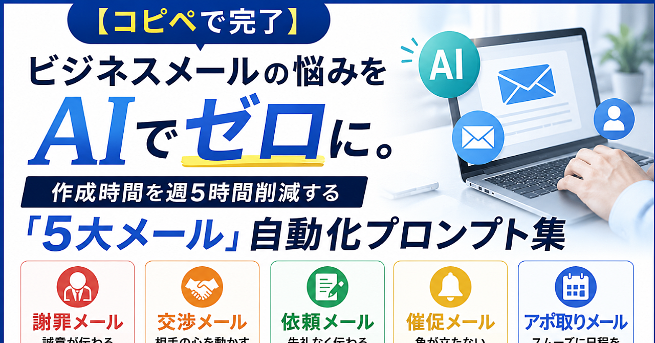 【コピペで完了】ビジネスメールの悩みをAIでゼロに。作成時間を週5時間削減する「5大メール」自動化プロンプト集