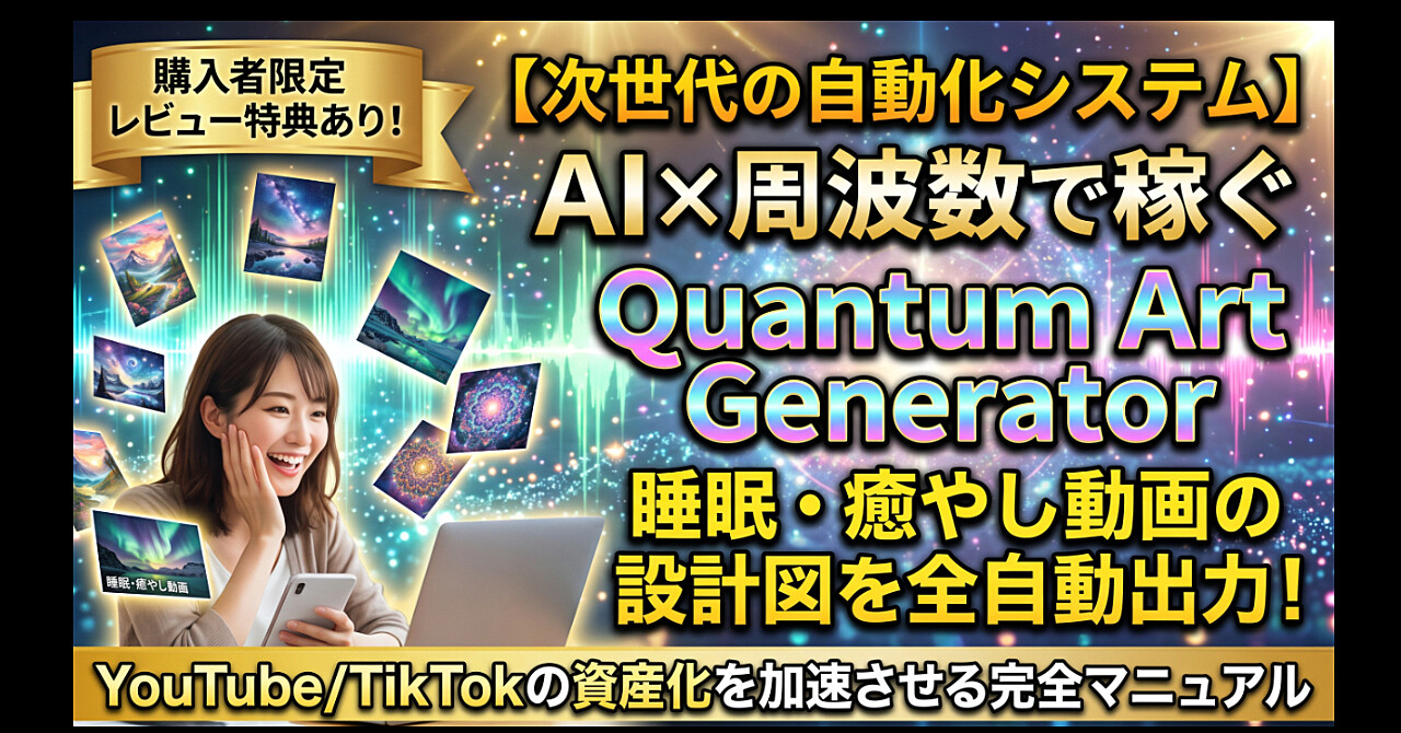 【次世代の自動化システム】AI×周波数で稼ぐ『Quantum Art Generator』!睡眠・癒やし動画の設計図を全自動出力し、YouTube/TikTokの資産化を加速させる完全マニュアルのアイキャッチ画像