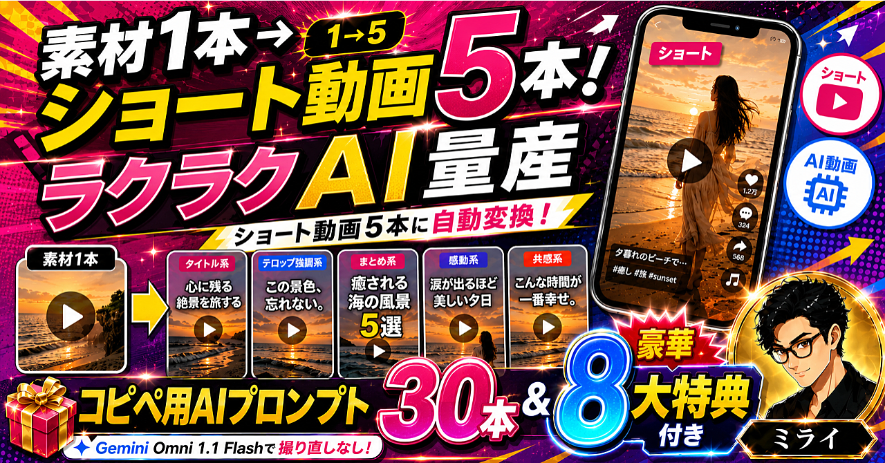 【35大特典付】ミライさんのBrain「【ラクラクAI動画量産】素材1本→ショート動画5本！Gemini Omni 1.1 Flash実践講座｜撮り直しなし＋コピペ用AI編集プロンプト30本付き」評判口コミ感想レビュー