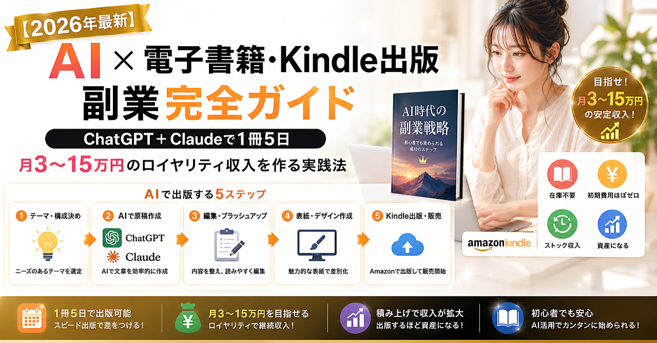 【2026年最新】AI×電子書籍・Kindle出版副業完全ガイド｜ChatGPT＋Claudeで1冊5日、月3〜15万円のロイヤリティ収入を作る実践法