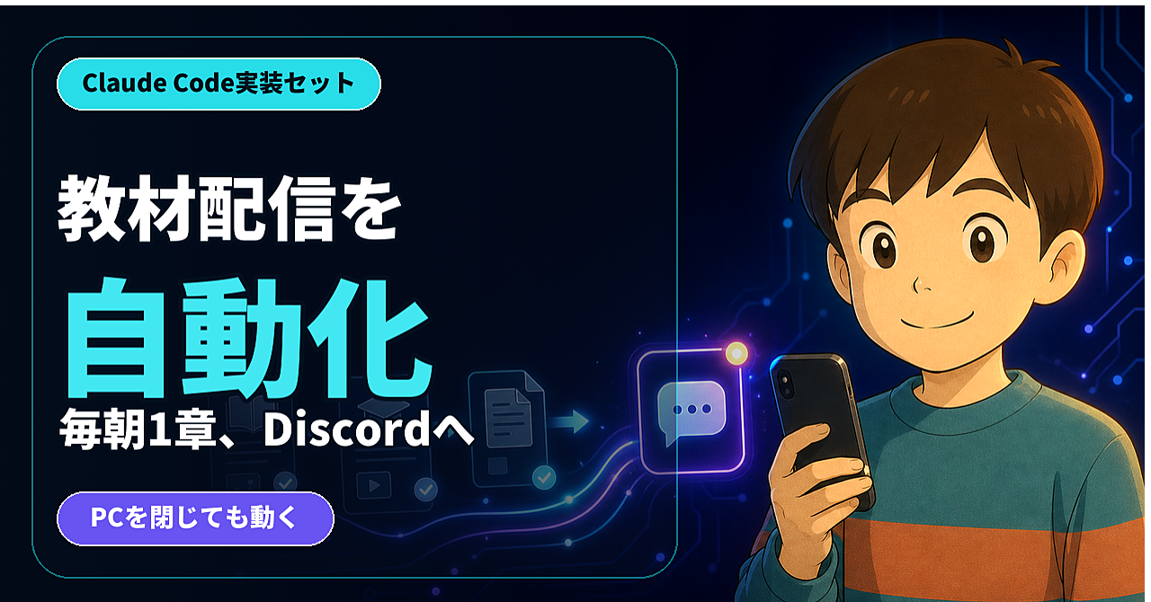 Claude Codeで教材を毎朝Discordに自動配信する方法 —— 買ったまま眠ってる教材を1日1章のPDFマガジンに変える仕組みのアイキャッチ画像
