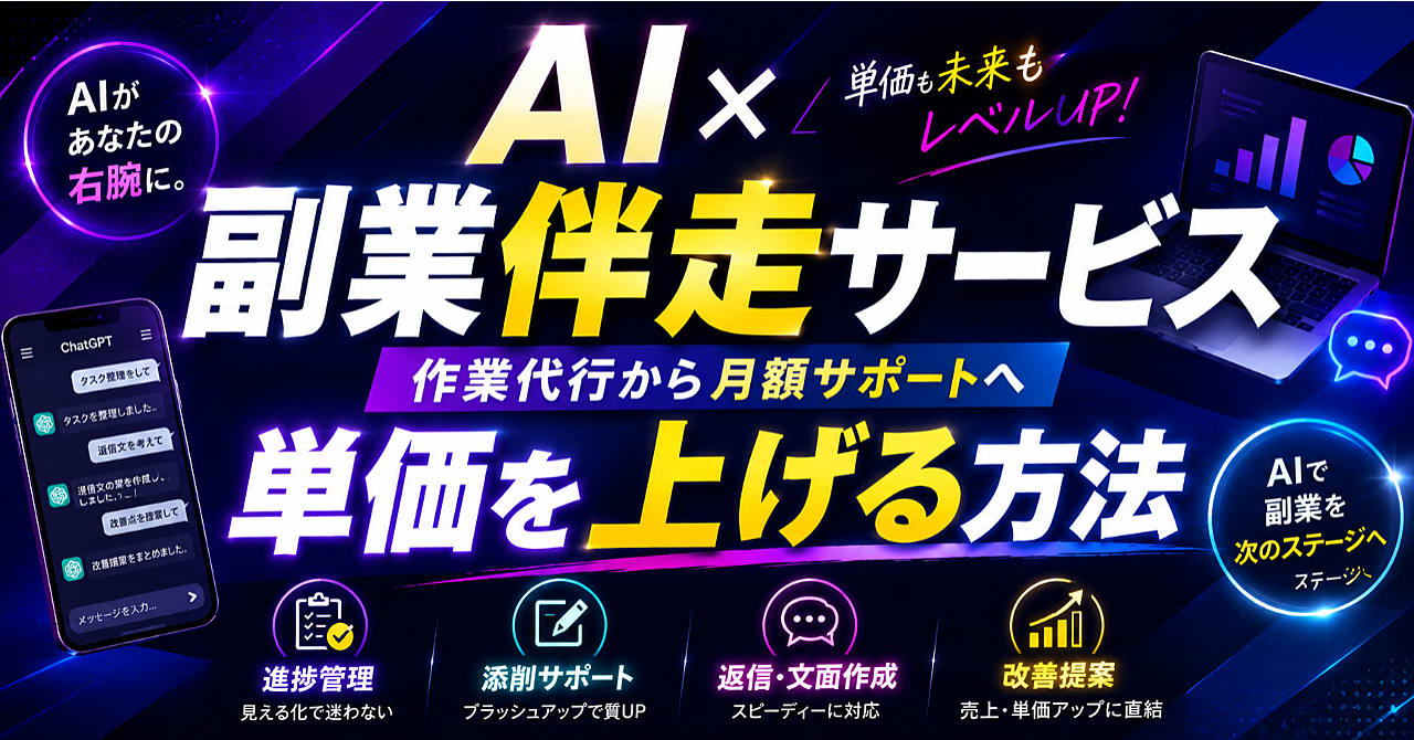 【AI副業伴走サービス】作業代行から月額サポートへ単価を上げる方法｜進捗管理・添削・提案まで