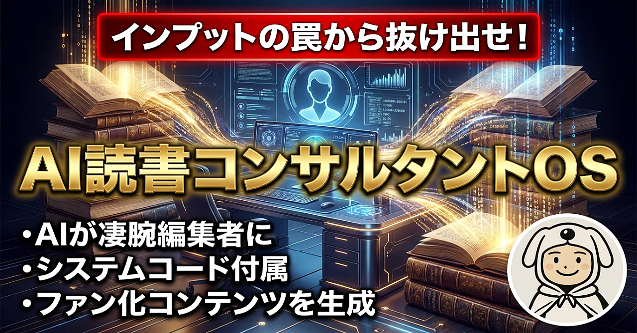 【インプットの罠から抜け出せ】あなたのパソコン内に凄腕編集者を住まわせて、読書メモを全自動でファン化コンテンツに変える『AI読書コンサルタントOS』のアイキャッチ画像