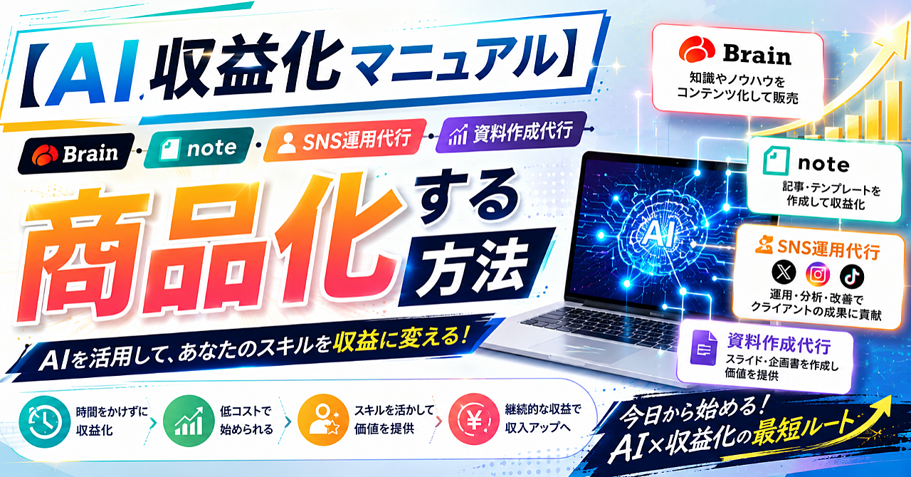 【AI収益化マニュアル】Brain・note・SNS運用代行・資料作成代行を商品化する方法