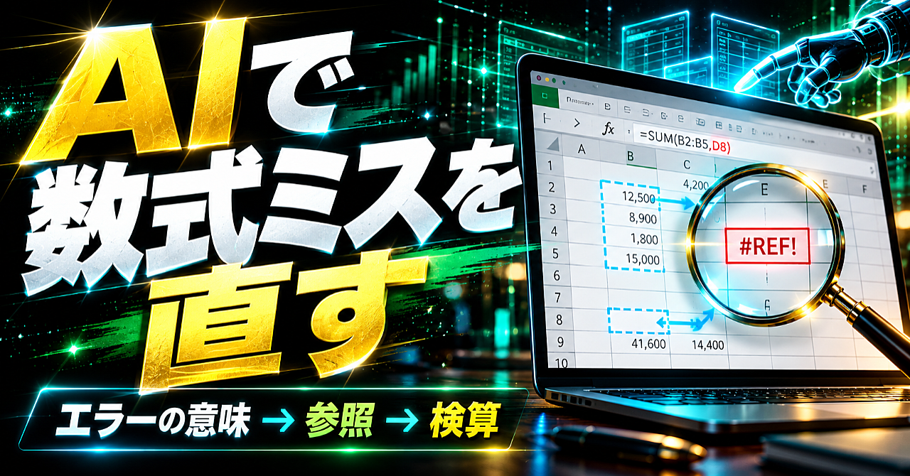 【AIでExcelの数式ミスを直す】エラーの意味から参照範囲の検算まで、初心者のための確認手順のアイキャッチ画像