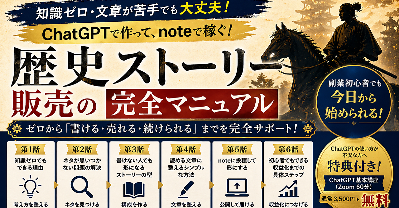 知識ゼロ・文章苦手でもここまでできる

ChatGPTで始める歴史ストーリー販売マニュアル