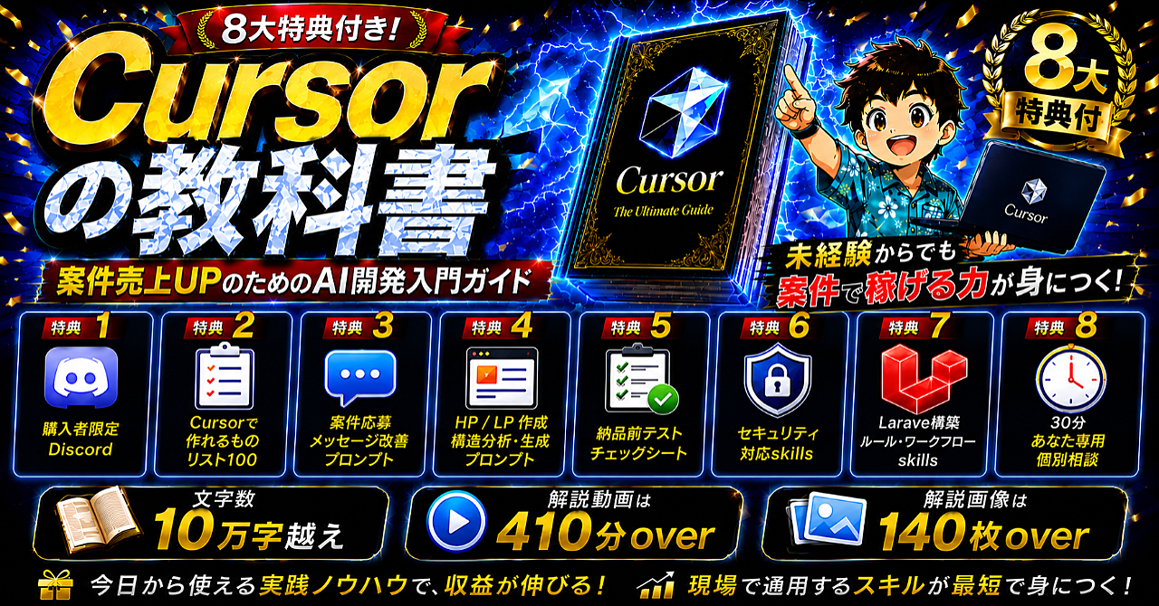 Cursorの教科書｜案件売上UPのためのAI開発入門ガイド【文字数10万文字/解説動画410分/解説画像140枚】のアイキャッチ画像