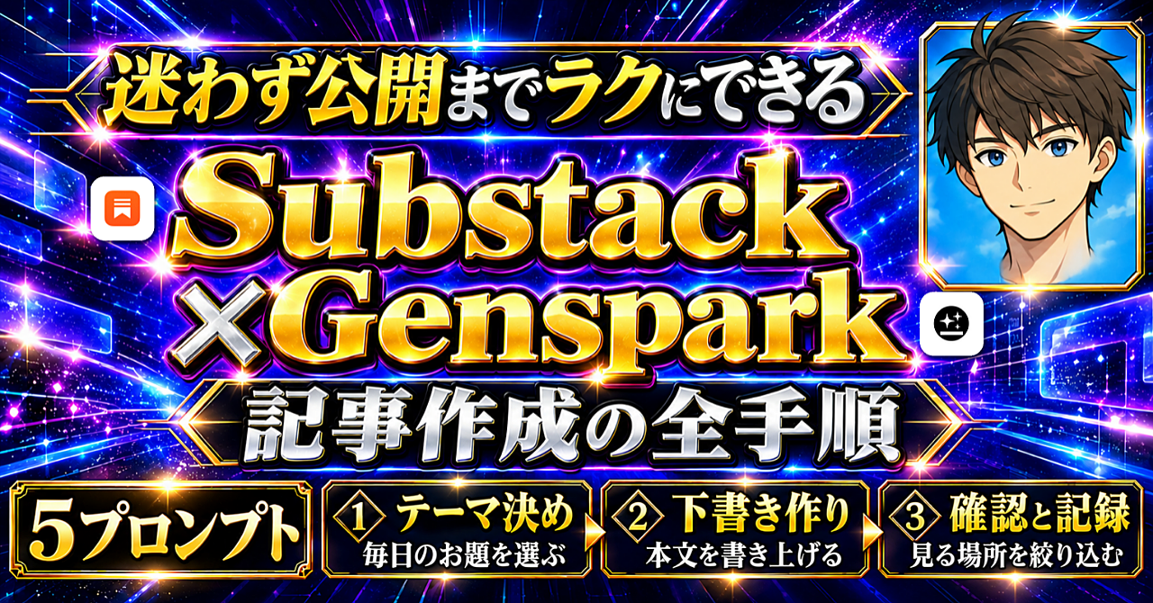 【Substack運用をもっとラクに】Gensparkで「テーマ→公開記事」|記事作成から公開まで5プロンプトで一気通貫|実践ノウハウ大公開のアイキャッチ画像
