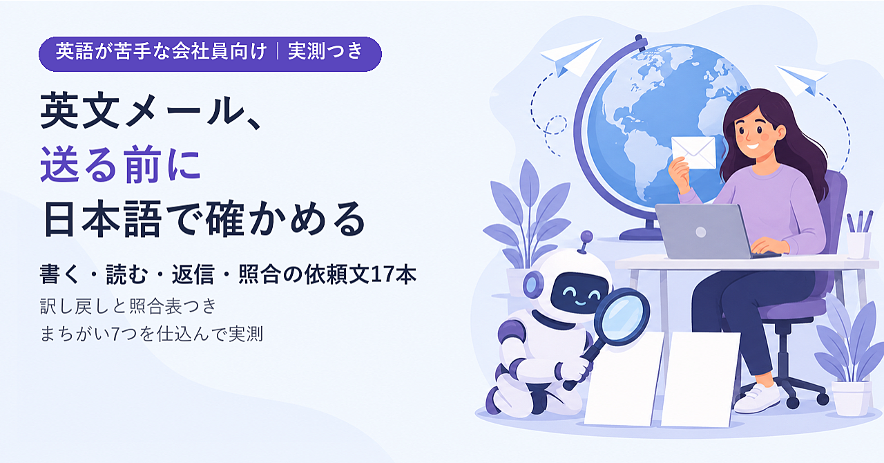 英文メールを「送る前に日本語で確かめる」ChatGPT依頼文17本|書く・読む・返信する・照合する(英語が苦手な会社員向け・実測つき)のアイキャッチ画像