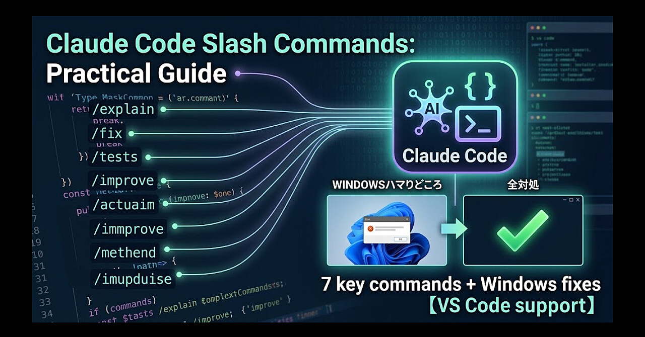 Claude Code スラッシュコマンド実践ガイド — 初日に覚える7選とWindowsのハマりどころ全対処【VS Code対応】のアイキャッチ画像