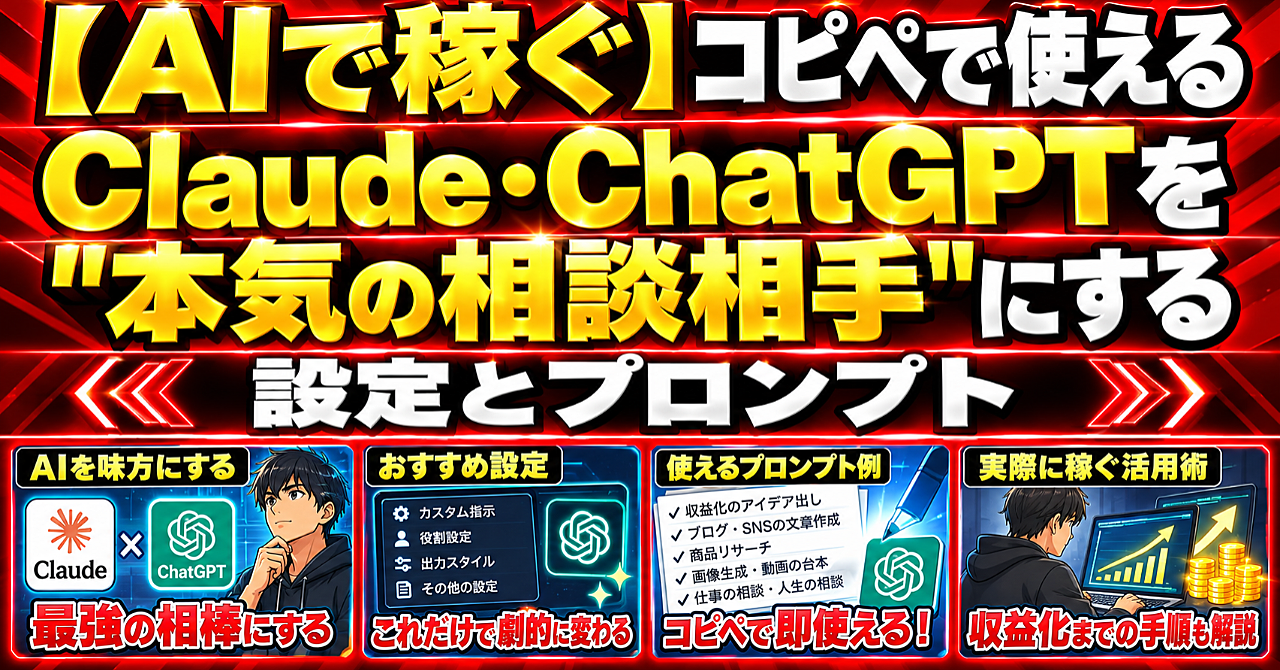 【AIで稼ぐ】コピペで使える Claude・ChatGPTを"本気の相談相手"にする設定とプロンプトのアイキャッチ画像