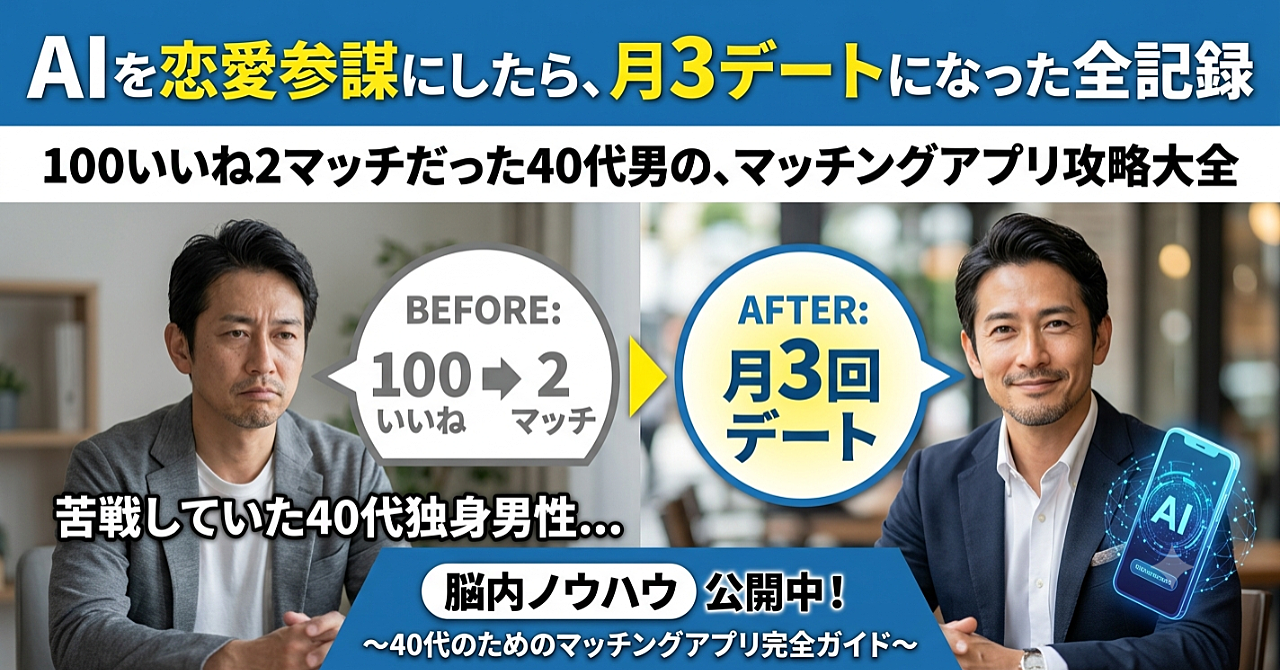 100いいね2マッチだった40代男が、AIを恋愛参謀にしたら月3デートになった全記録

〜40代のためのマッチングアプリ攻略大全〜