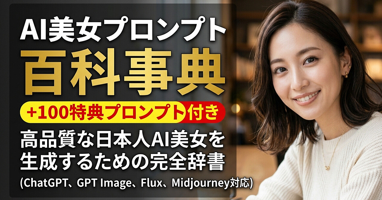 AI美女プロンプト大全　特典100種類プロンプト｜誰でも高品質な日本人AI美女を生成できる完全辞典【ChatGPT・GPT Image・Flux・Midjourney対応】

