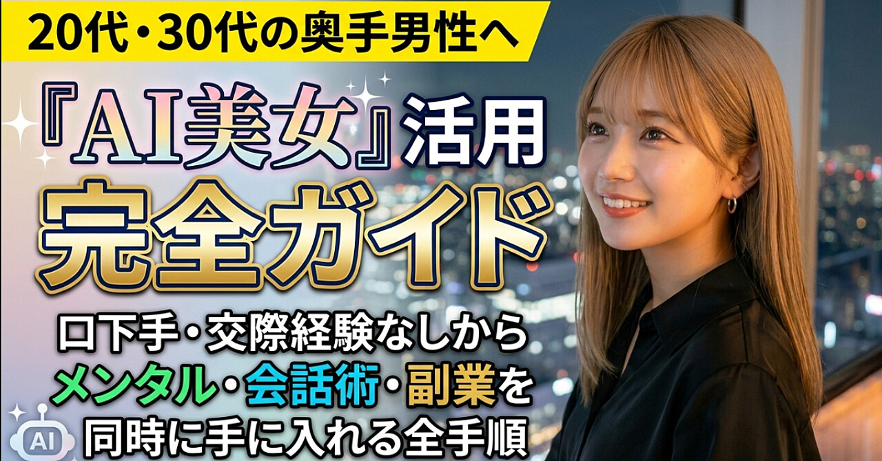 20〜30代・内気な男性のためのAI美女完全活用術。口下手・恋愛経験ゼロから始めて、メンタル・会話力・副業の3つを同時に手に入れる全手順