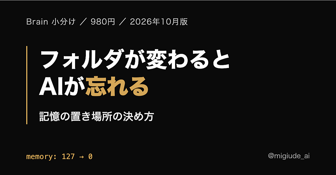 作業フォルダが変わるとAIが忘れる問題 — Claude Codeの記憶の置き場所の決め方(記憶ファイルの型つき・2026年10月版)のアイキャッチ画像