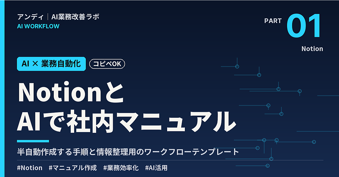 NotionとAIで社内マニュアルを半自動作成する手順と情報整理用のワークフローテンプレートのアイキャッチ画像