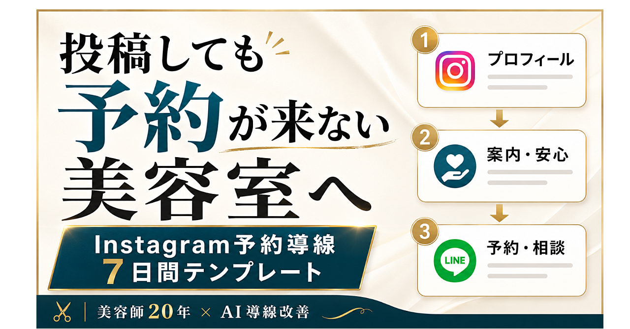 投稿しても予約が来ない美容室へ
Instagram予約導線をAIで整える7日間テンプレート