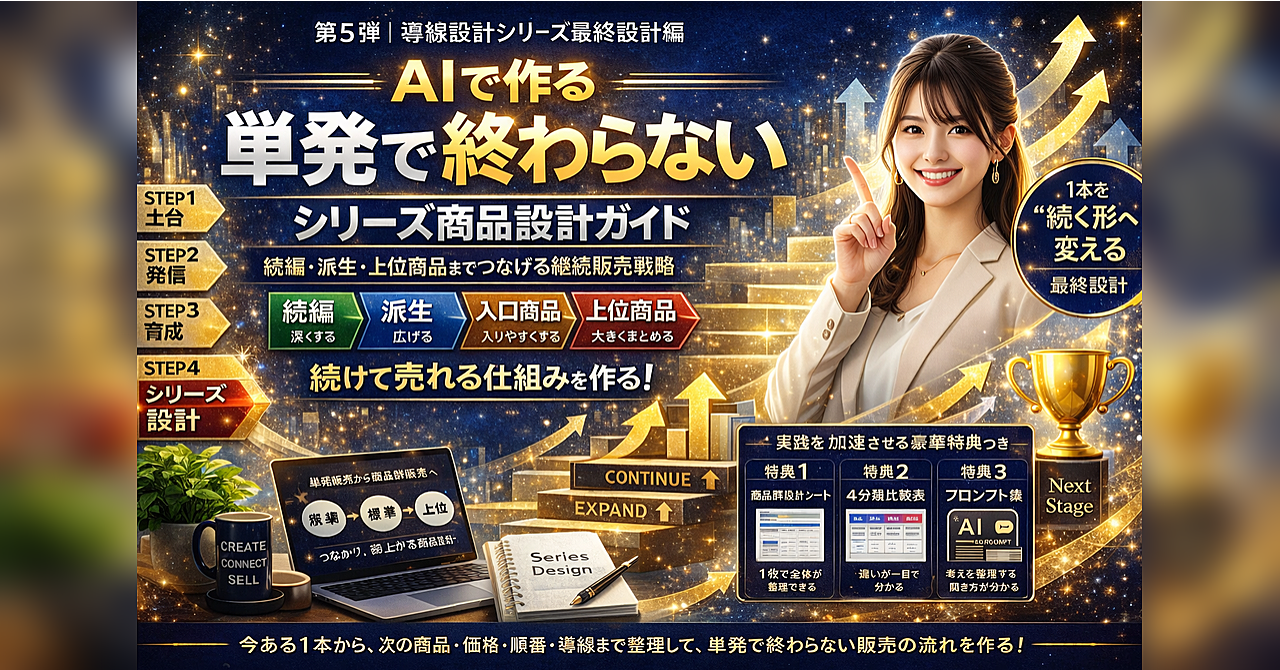 第5弾
AIで作る 単発で終わらないシリーズ商品設計ガイド
続編・派生・上位商品までつなげる継続販売戦略