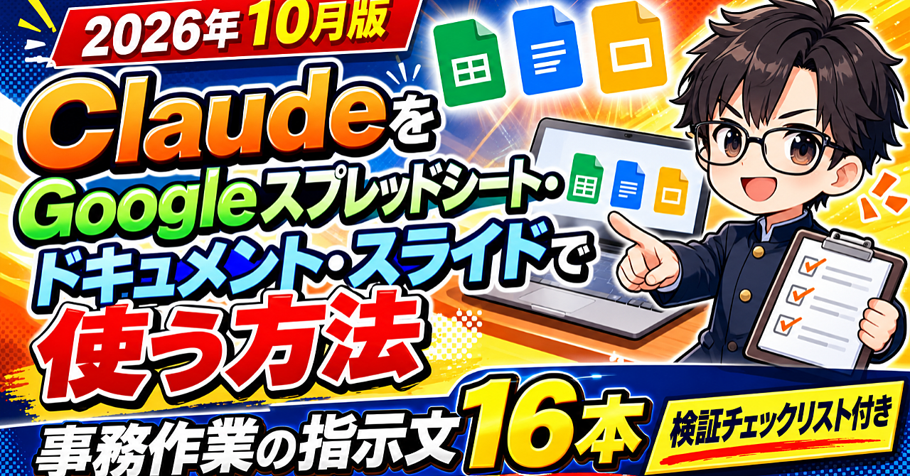 【2026年10月版】ClaudeをGoogleスプレッドシート・ドキュメント・スライドで使う方法|事務作業の指示文16本と検証チェックリストのアイキャッチ画像