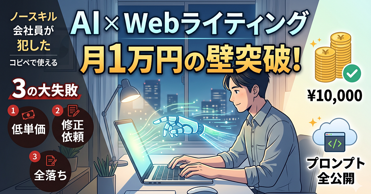 【実録】ノースキル会社員が「AI×Webライティング」で月1万円の壁を突破するまでに犯した3つの大失敗と、コピペで使えるプロンプト全公開