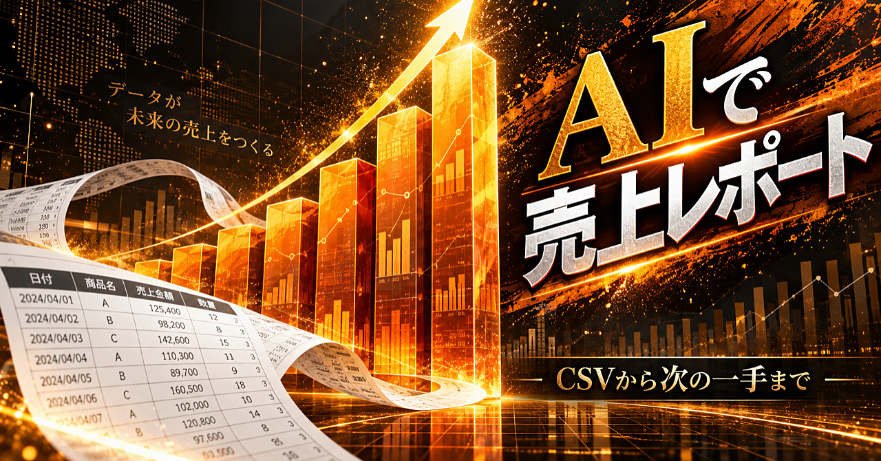 【AIで売上CSVを月次レポートにする】数字の見方から次の一手まで、初心者が迷わず作る手順のアイキャッチ画像