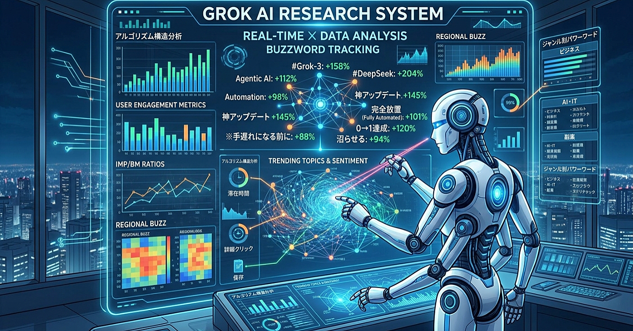 【Grok×AI】ジャンル別の「バズワード・パワーワード300選」をGrokに自動収集させるリサーチシステムのアイキャッチ画像