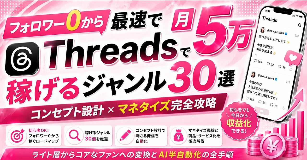 【フォロワー0から最速で月5万】Threadsで稼げるジャンル30選｜コンセプト設計×マネタイズ完全攻略