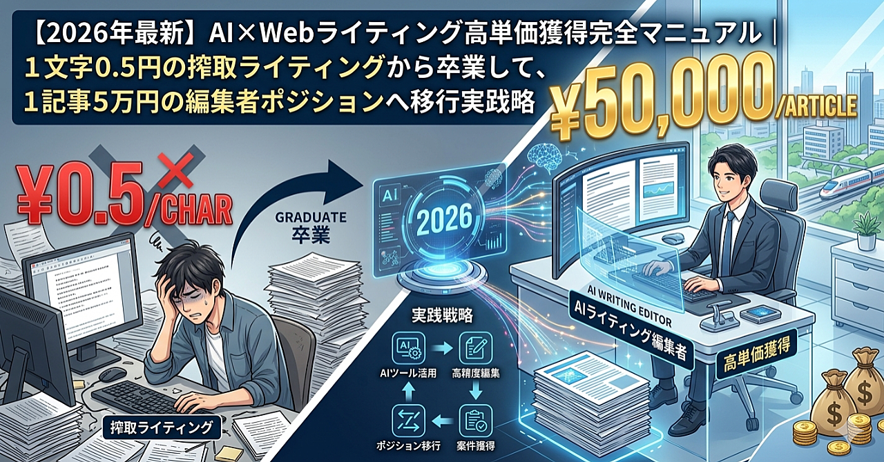 【2026年最新】AI×Webライティング高単価獲得完全マニュアル｜1文字0.5円の搾取ライティングから卒業して、1記事5万円の編集者ポジションへ移行する実践戦略